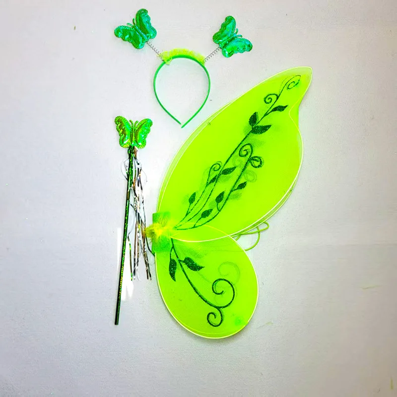 Girls Green Fairy Cosplay Props Kids Butterfly Wings Headband Fairystick Party Tinkerbell Cosplay Dress Up Sets