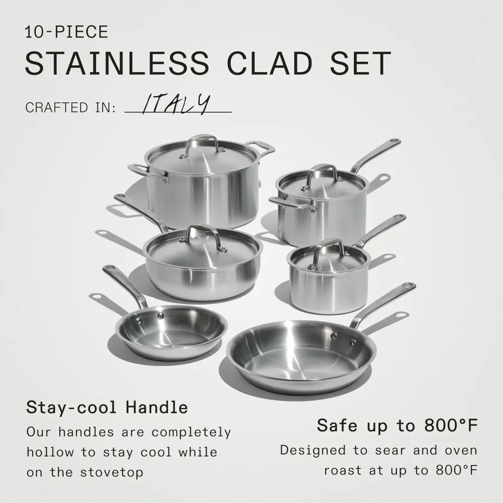 Cookware - 10 Piece Stainless Steel Pot and Pan Set - 5 Ply Clad - Includes Stainless Steel Frying Pans, Saucepans