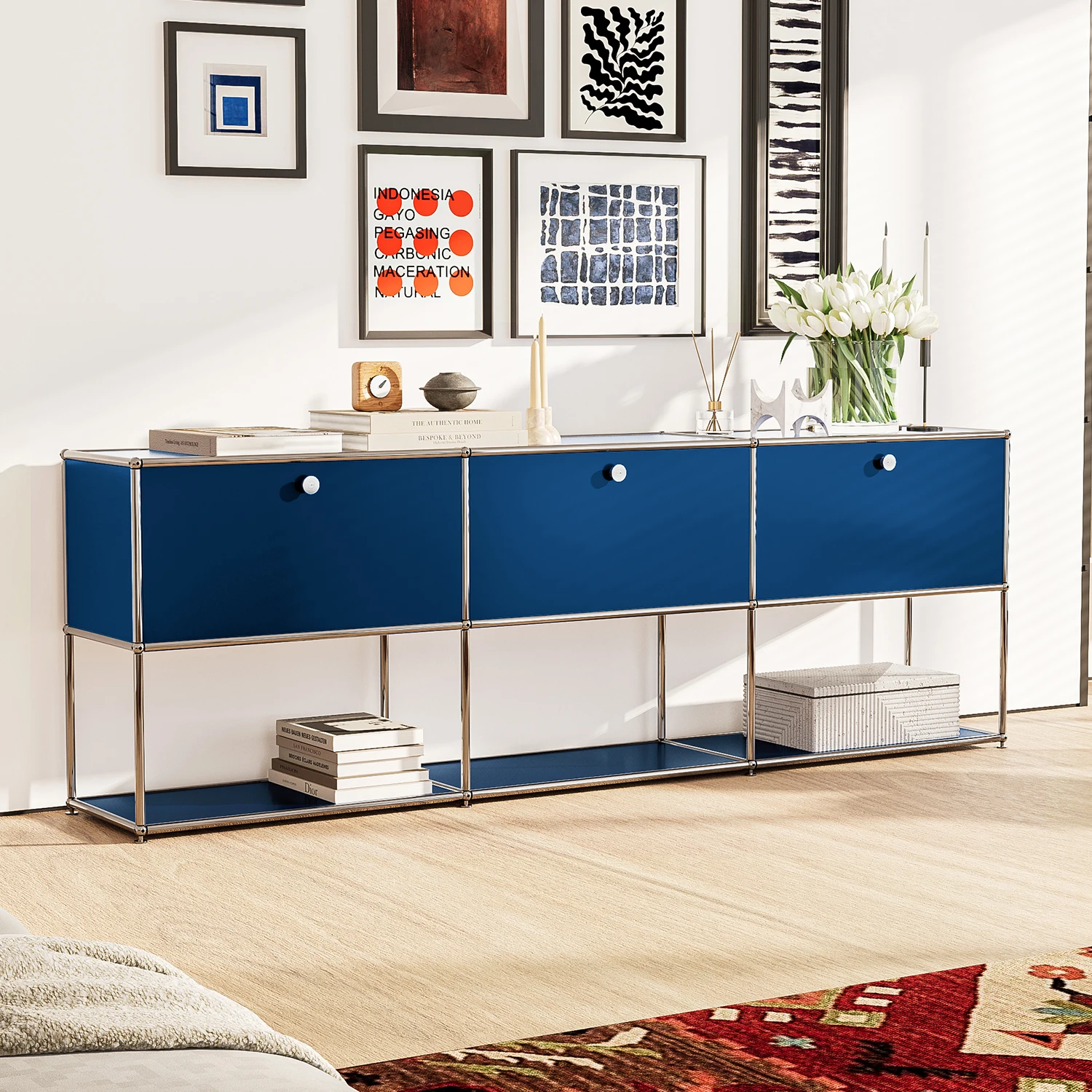 Mesitas de noche azules, armario de almacenamiento, mueble moderno nórdico, soporte para TV, dormitorio pequeño