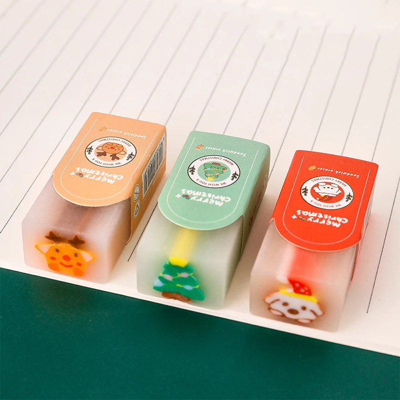 2Pcs Cute Cartoon Christmas Tree Painting Erasers Creative Christmas Theme Erasers Office Supplies Student Stationery Gifts