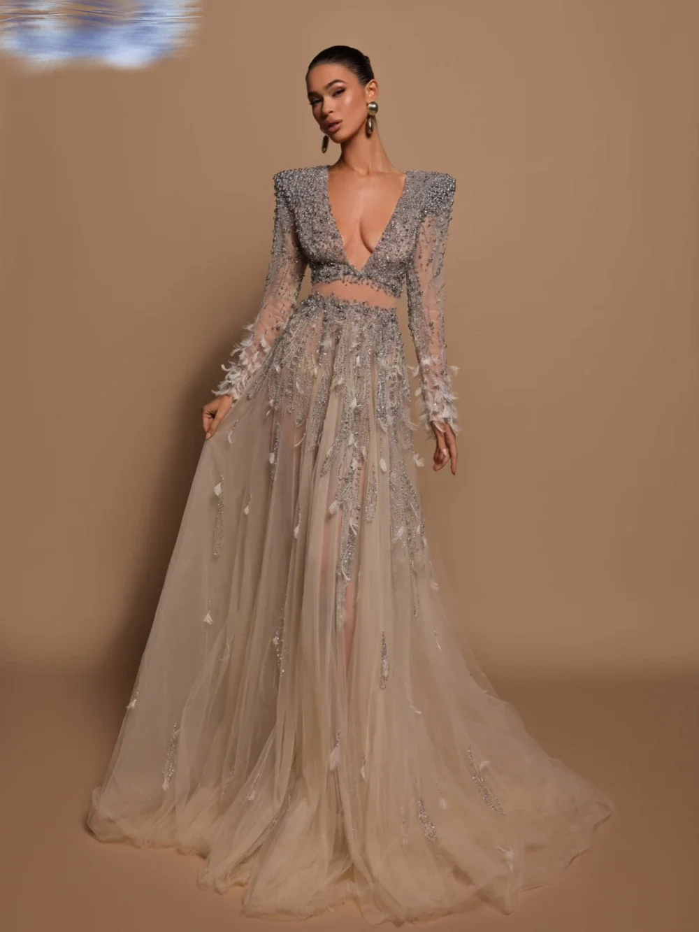 

Women Luxury Feathers Evening Dress Deep V-neck Prom Gown Hand-sewn Sequins Beads Evening Dresses Customized