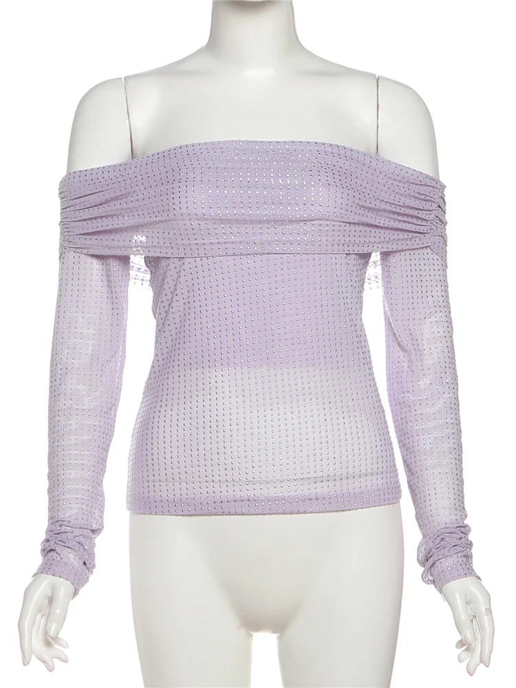 

Weird Puss Lapel Slash Neck Crop Top Women Mesh Long Sleeve Rhinestones Ruched Chic Simple Elegant Luxury Wild Basic T-Shirt