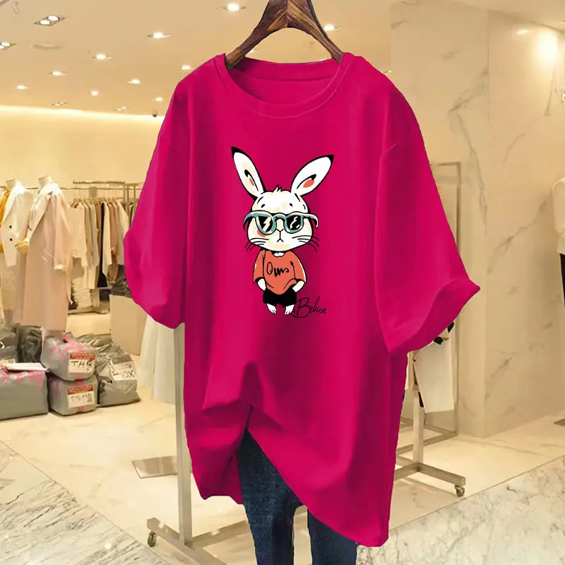 

Women's Cartoon Cool Rabbit T-shirt 2024 New O-neck Pure Cotton Short Sleeve Fashion Loose Simple Versatile Basics Top Tee M-6xl