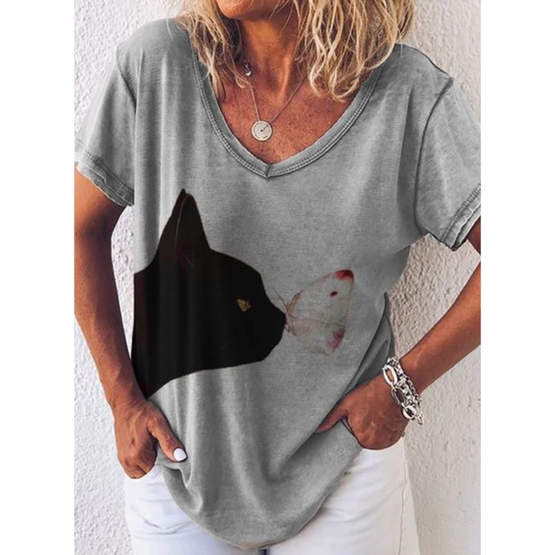 Fashion Woman Blouses T-shirt For Women\'s 3D Cats Printed Black Kawaii V-neck T Shirt Female Clothing Oversized Summer Tops Tees