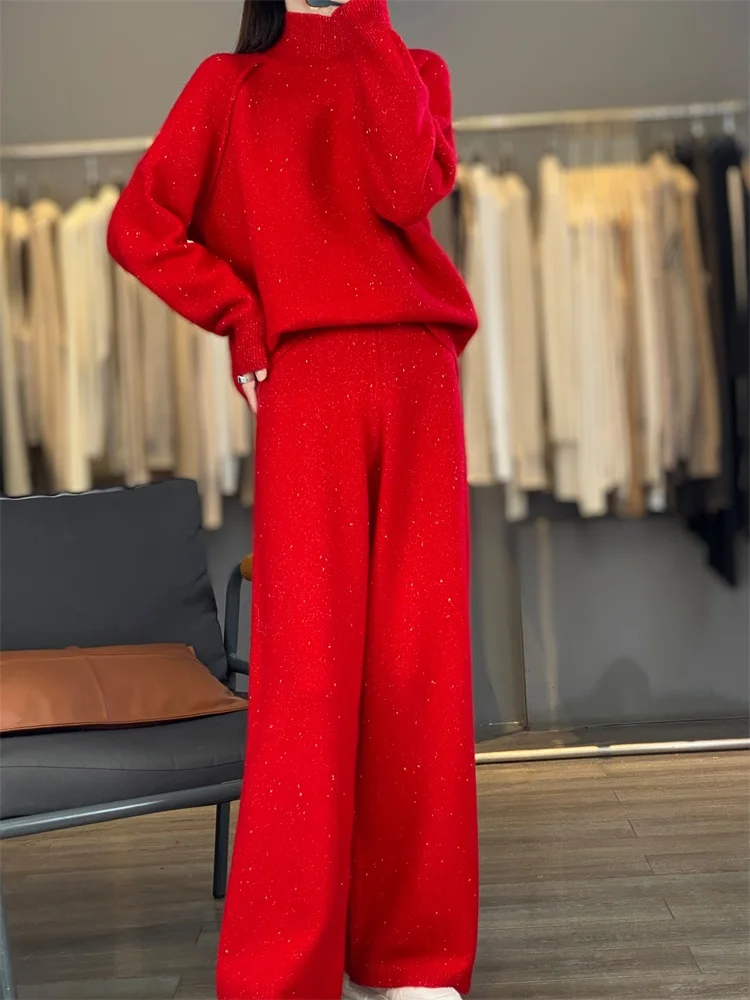 Women's Matching Set 100% Merino Wool High Neck Sweater Casual Knitted Pants 2-Piece Set Fashionable Women's Clothing