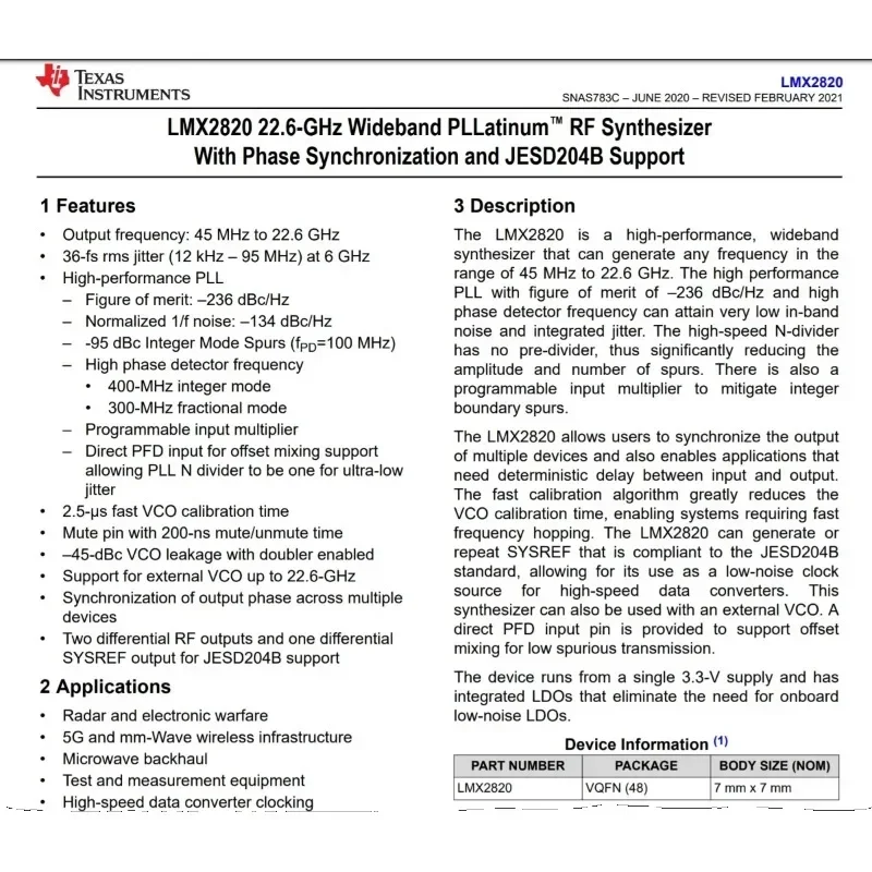 LMX2820 RF Source Module 45M to 22.6GHz Phase Locked Loop, Local Oscillator, Radar Continuous Wave