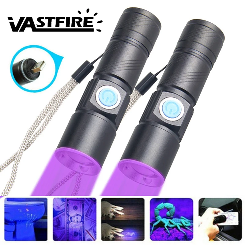 395nm UV Flashlight Blacklight 365nm Torch USB Rechargeable UV Light Ultraviolet Flashlight for Pet Urine Detection Resin Curing