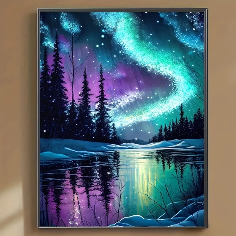 Diamond Painting Set, Forest Aurora Pattern, Round Diamond Full Diamond Art, Multiple Specifications to Choose From, Frameless