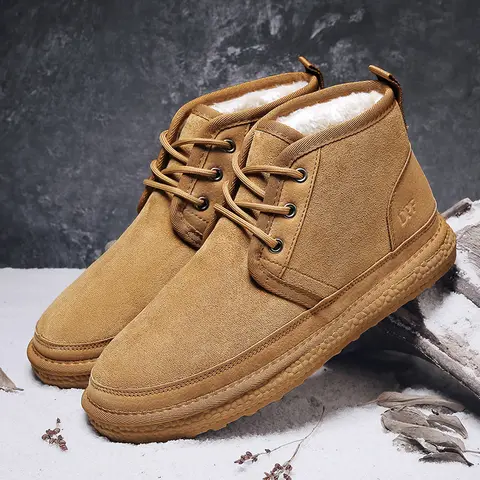 Winter Men Shoes Warm Fur Snow Boots Waterproof Suede Furry Leather Ankle Chelsea Boots Male Fluffy Plush Shoes Outdoor Footwear