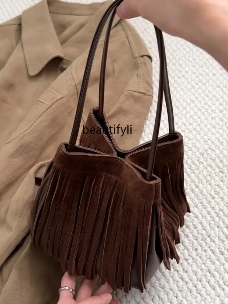 Suede Tassel Bucket Bag Women's Retro Commuter Portable Shoulder Crossbody Vegetable Basket Dice Bag