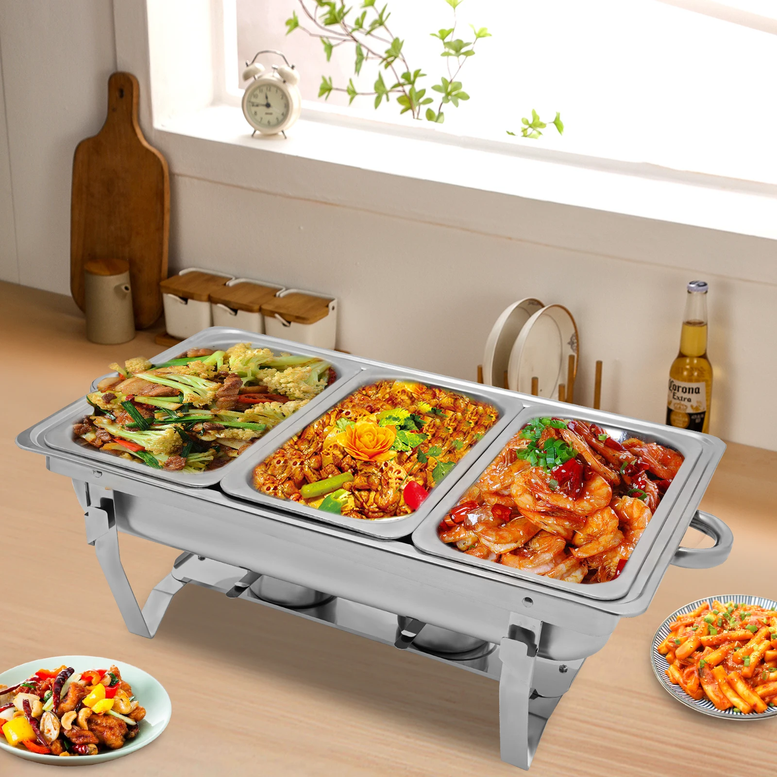 Single/Double/Three Compartment Food Tray Rectangle Chafing Dish Buffet Set Folding Stand Fuel Holder Catering Warmer Server