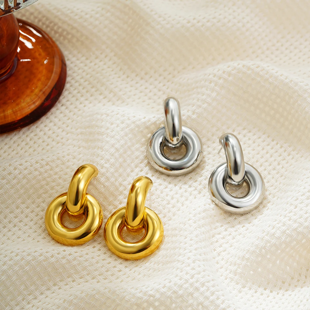 Glossy Stainless Steel Thick Round Drop Stud Earrings for Women Polished 18K Gold Plated Geometric Waterproof Earring Jewelry