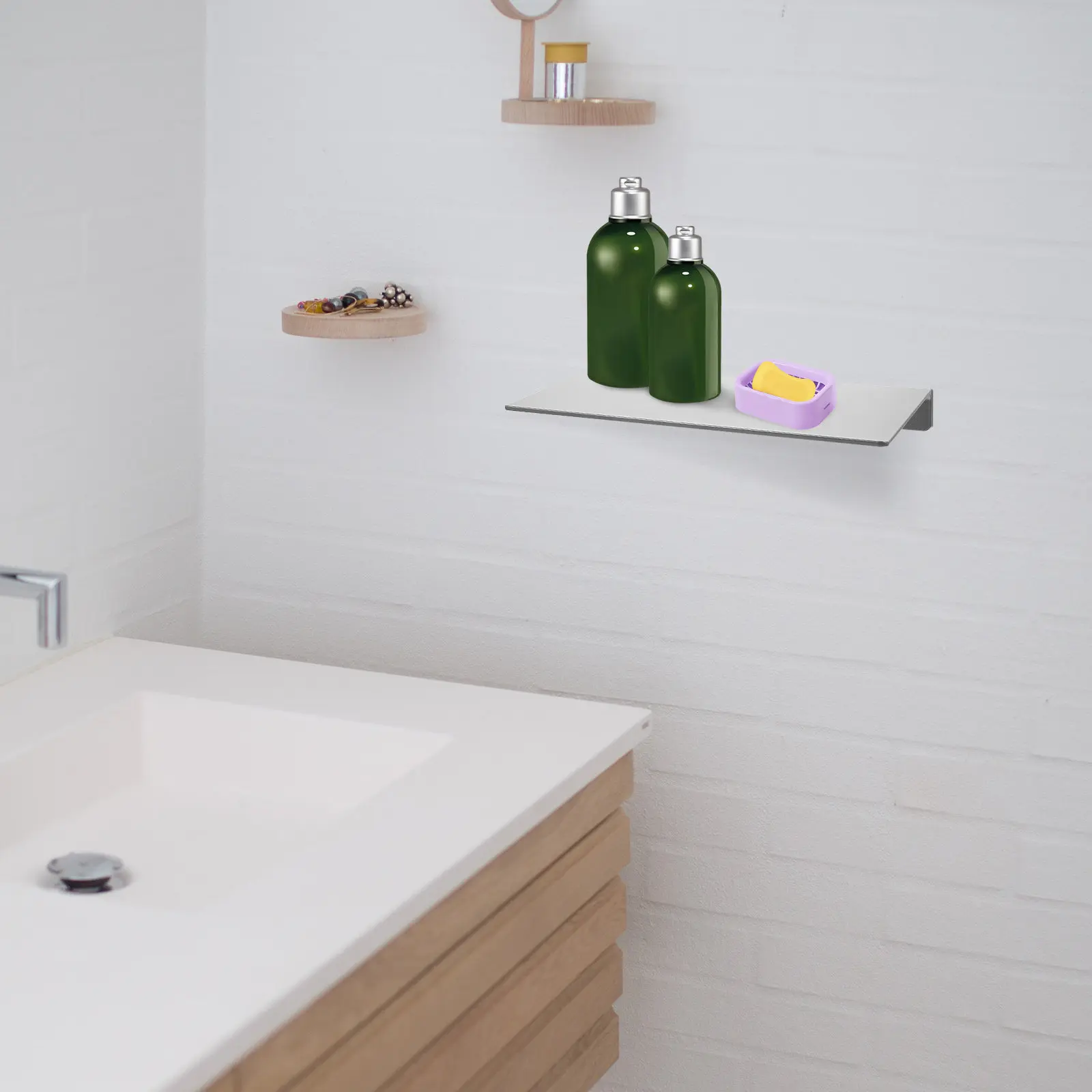 Aluminum Floating Wall Shelf Adhesive Display Shelf No Drilling Punching Free Wall Mounted Storage Rack for Bathroom Bedroom