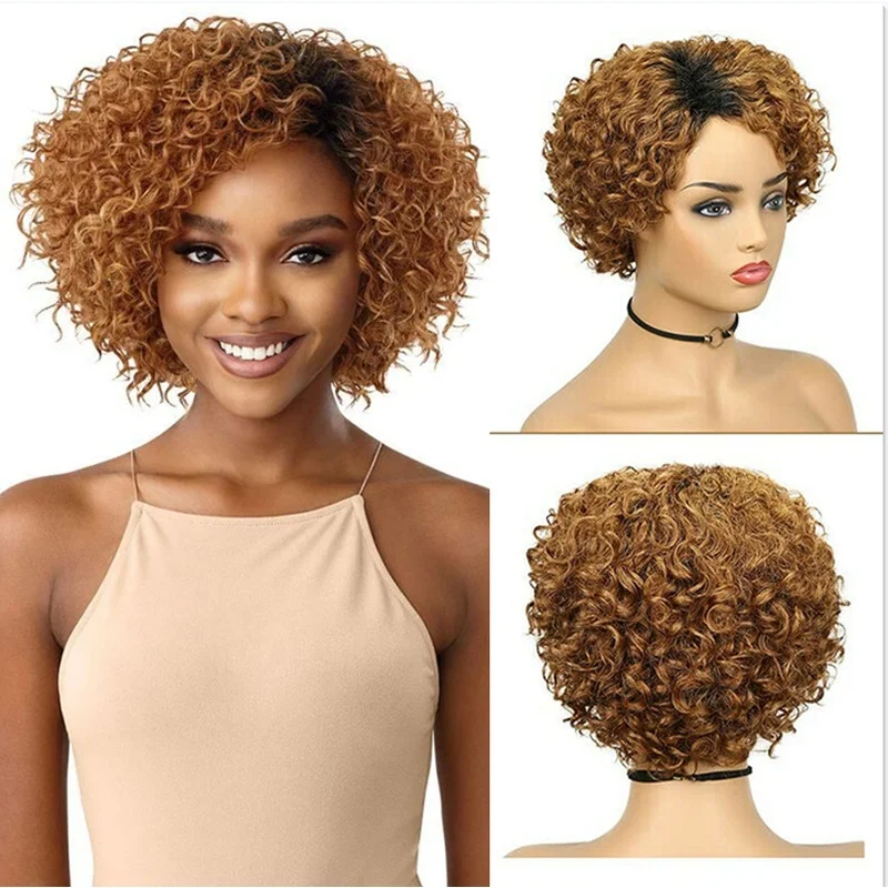Women Afro Curly Short Wigs Brown Dark Roots Natural Wig US