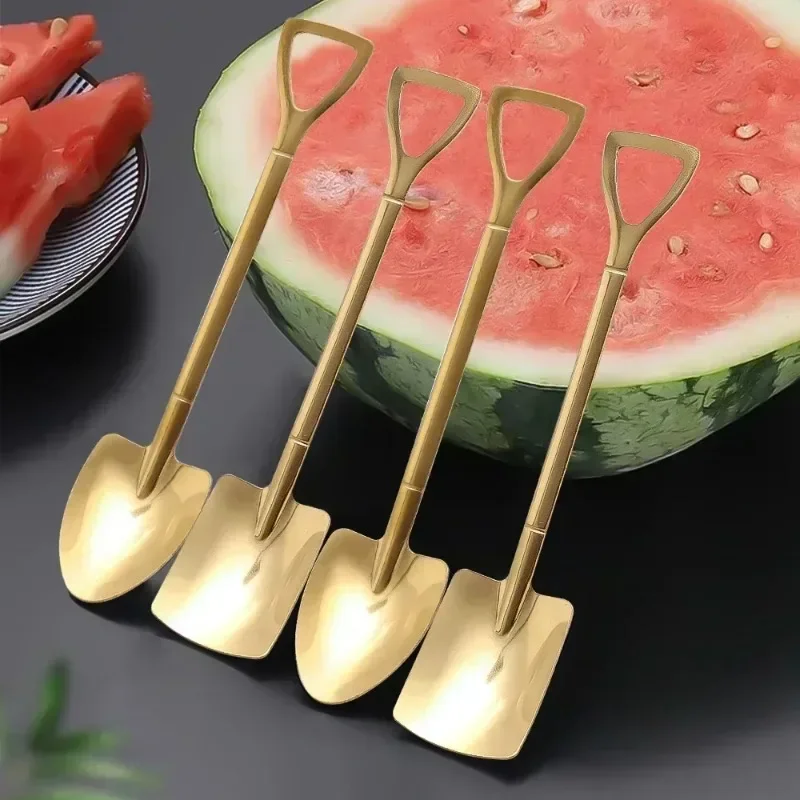 Stainless Steel Watermelon Spoons Shovel Shape Coffee Stirring Spoons Ice Cream Dessert Cake Teaspoon Kitchen Tableware Tools