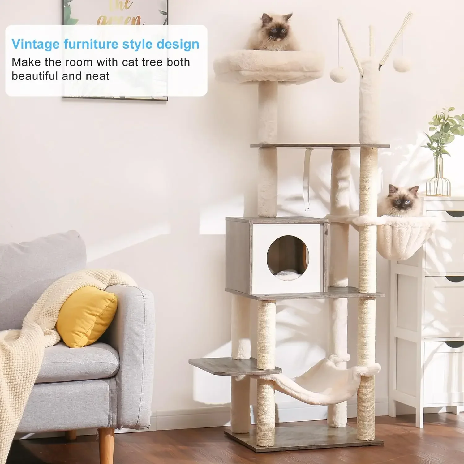 

Wooden Cat Tree,55.5“ Cat Furniture with Scratching Posts, Modern Tower with hammocks, Toys, condo