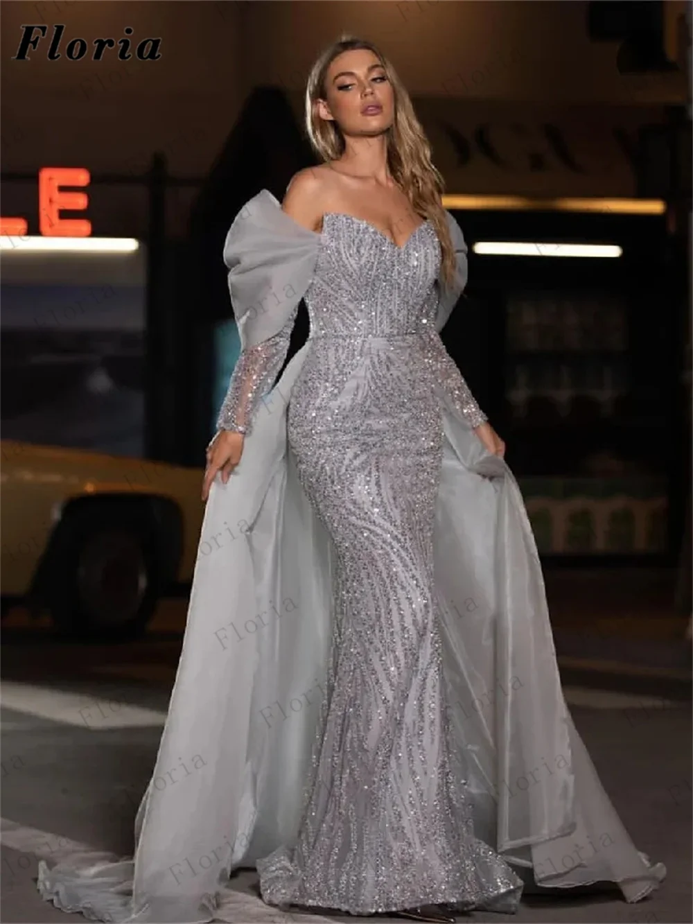 

Custom Made Sliver Glitter Mermaid Evening Dresses Off Shoulder Long Train Wedding Party Dress Elegant Dubai Women Prom Dress