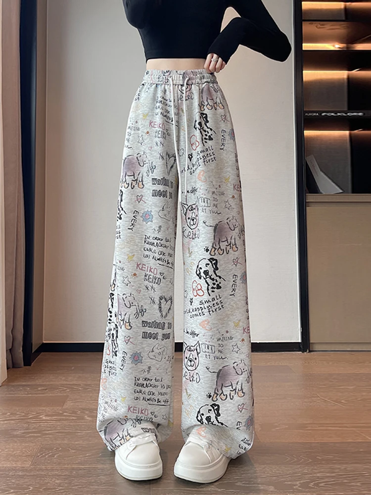 Cartoon fiti Print Wide Leg Pants Women's Casual Straight Cut High Waist Loose Fit Versatile Slimming Autumn Faion