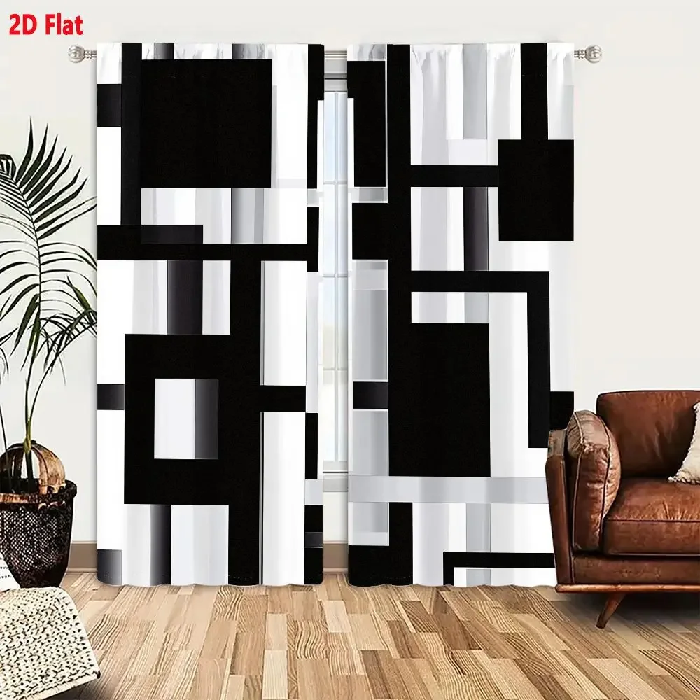 2Pcs Curtains 2D Flat Monochromatic Abstract Geometric Composition With Rectangles And Lines In Black White And Gray Window Drap