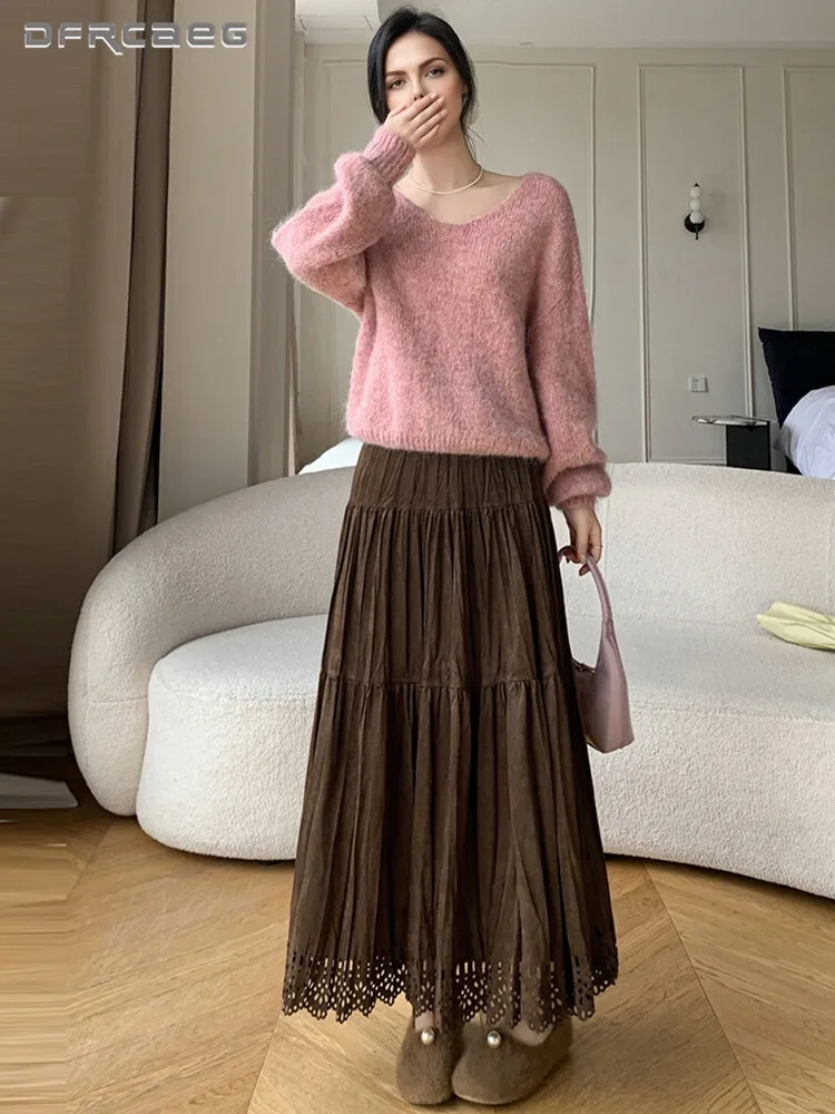 

Elastic Waist Retro Folds Suede Long Skirt For Women Autumn Winter Vintage Loose Big Swing Skirts Lady