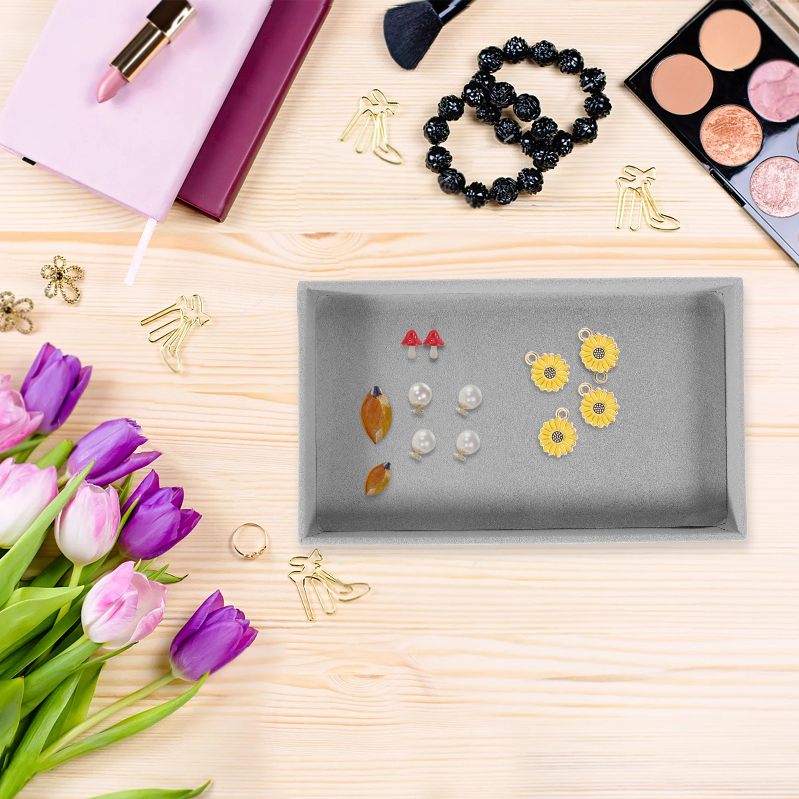 

6 Compartment Stackable Jewelry Tray ganizer Grey Velvet Drawer Dresser Necklace Earring Storage Display Home Use Jewelry