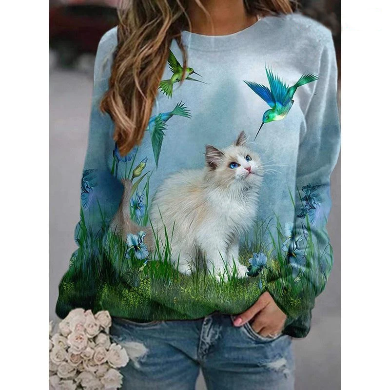 Autumn Cartoon Cat Sweatshirts Animal 3D Print Hoodies Women New Long Sleeve Y2k Hoodie Oversized Pullovers Tops Female Clothing