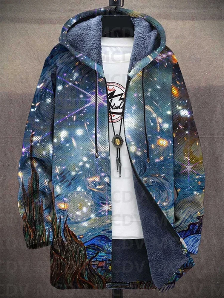 

Unisex Van Gogh Starry Night Art Print Plush Thick Long-Sleeved Sweater Coat Cardigan Warm Jacket