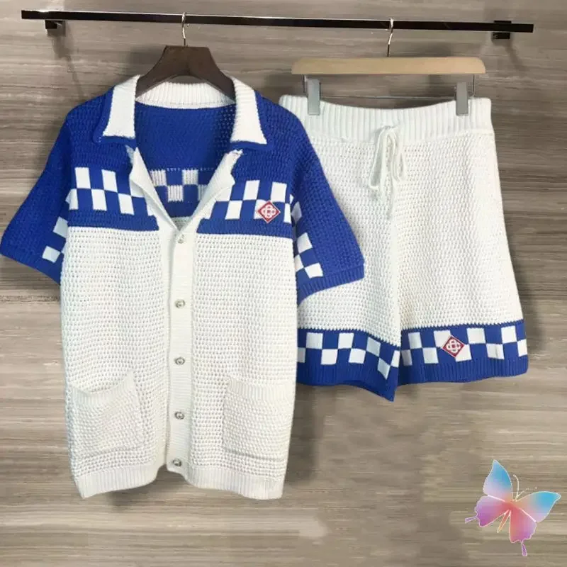 Blue White Contrasting Plaid PrintKnitted Short Sleeved Casa Suit Pearl Buttons Collar Shirt Casual Drawstring Shorts Men Women