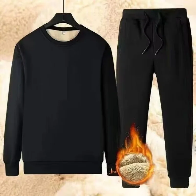 

Lamb Fleece Set for Men's Winter Cold proof Warm Clothes with Thick Fleece Hoodie and Pants Trendy Explosive Large Two piece Set