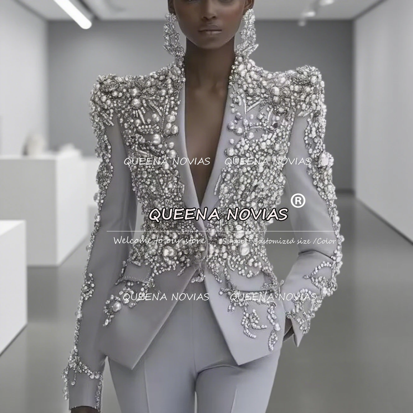 

Exquisite Beads Stones Mother Of The Bride Dresses Customized 2 Pieces Sets Single Breasted Jacket Pants Women Suits For Wedding