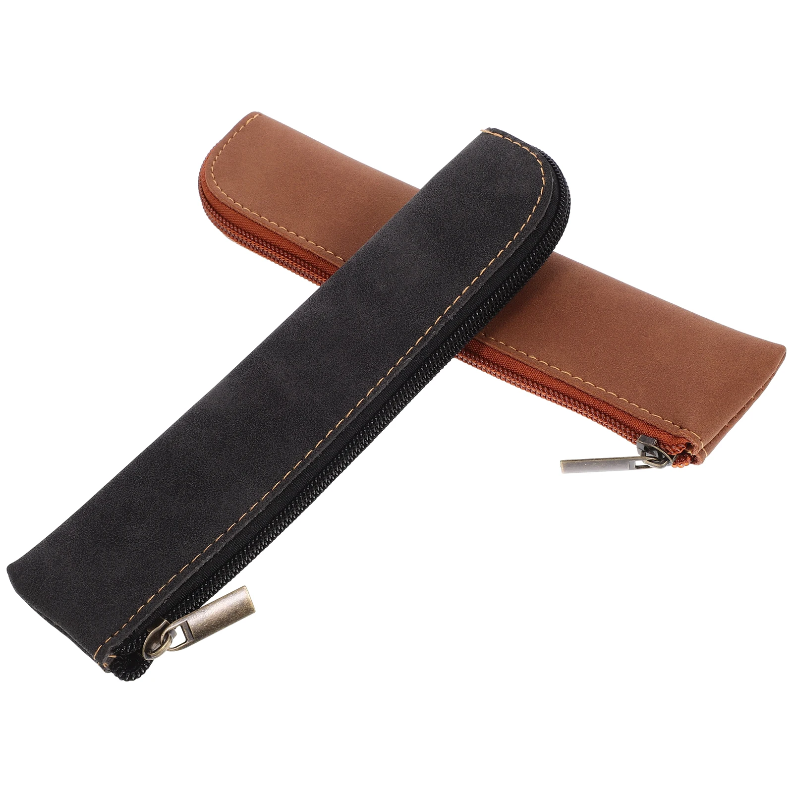 

2 Pcs PU Pencil Case Retro Zippered Slim Pen Bag for Girls Stationery Organizer Travel Accessories Storage