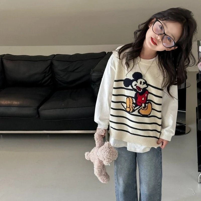 

2026 Girls Knit Vest, Striped Sleeveless Cardigan Spring Fashion Top for Kids Cartoon Sweater New Arrival