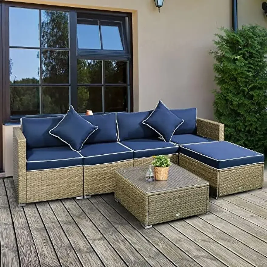 6 Piece Patio Furniture Set Outdoor Wicker Conversation Set All Weather PE Rattan Sectional Sofa Set with Ottoman