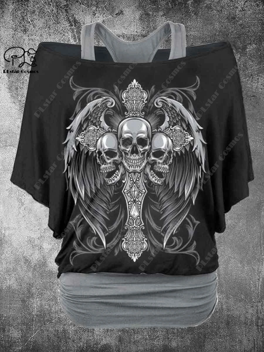 PLstar Cosmos Women's Retro Skull 3D Print Casual Two-Piece T-Shirt Harajuku Streetwear Collection - 6