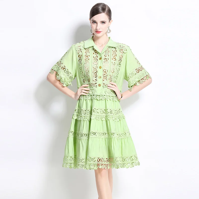 Retro Court Sle ort Lace Embroidery Blouse with f Skirt Set Women's Faionable Two-Piece Suit Turn-down Collar Button-Up
