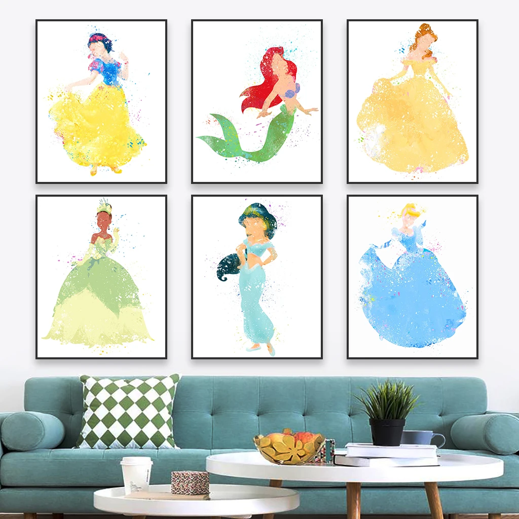 Cartoon Disney Princess Watercolor Wall Art Poster Canvas Painting Ariel Belle Snow White Cinderella Jasmine Prints Room Decor