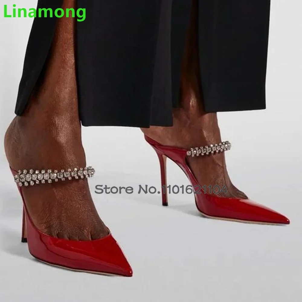 Red Patent Leather Crystal Luxury Slippers For Female Women 2024 New Thin High Heel Pointed Toe Sexy Elegant Solid Sexy Shoes