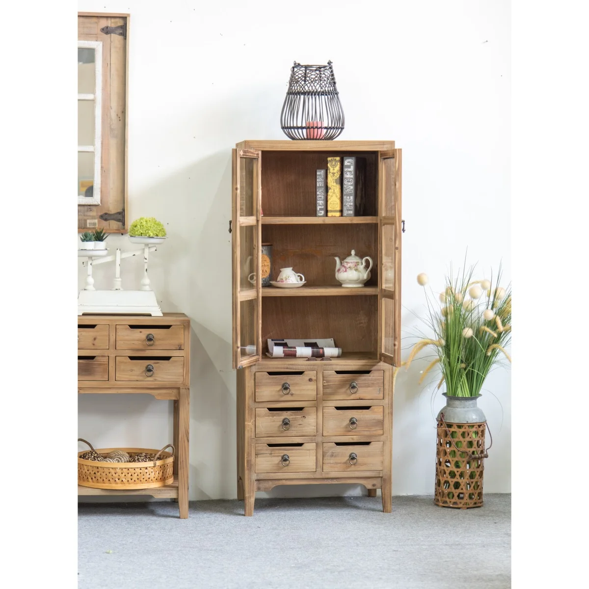 Rustic Farmhouse Accent Cabinet Furniture Recycled Pine Wood Cupboard Cube Unit Bookcase Cabinet With Glass Door