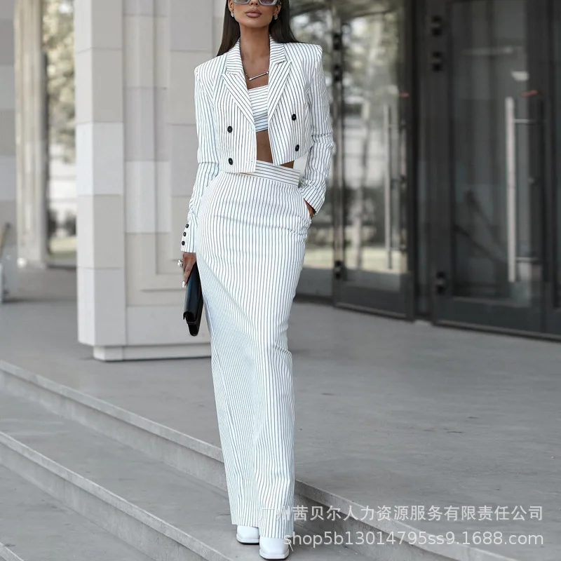 Contrast Color Casual Women 2pcs Clothes Set Long Sleeve Jacket Blazer High Waist Long Skirt