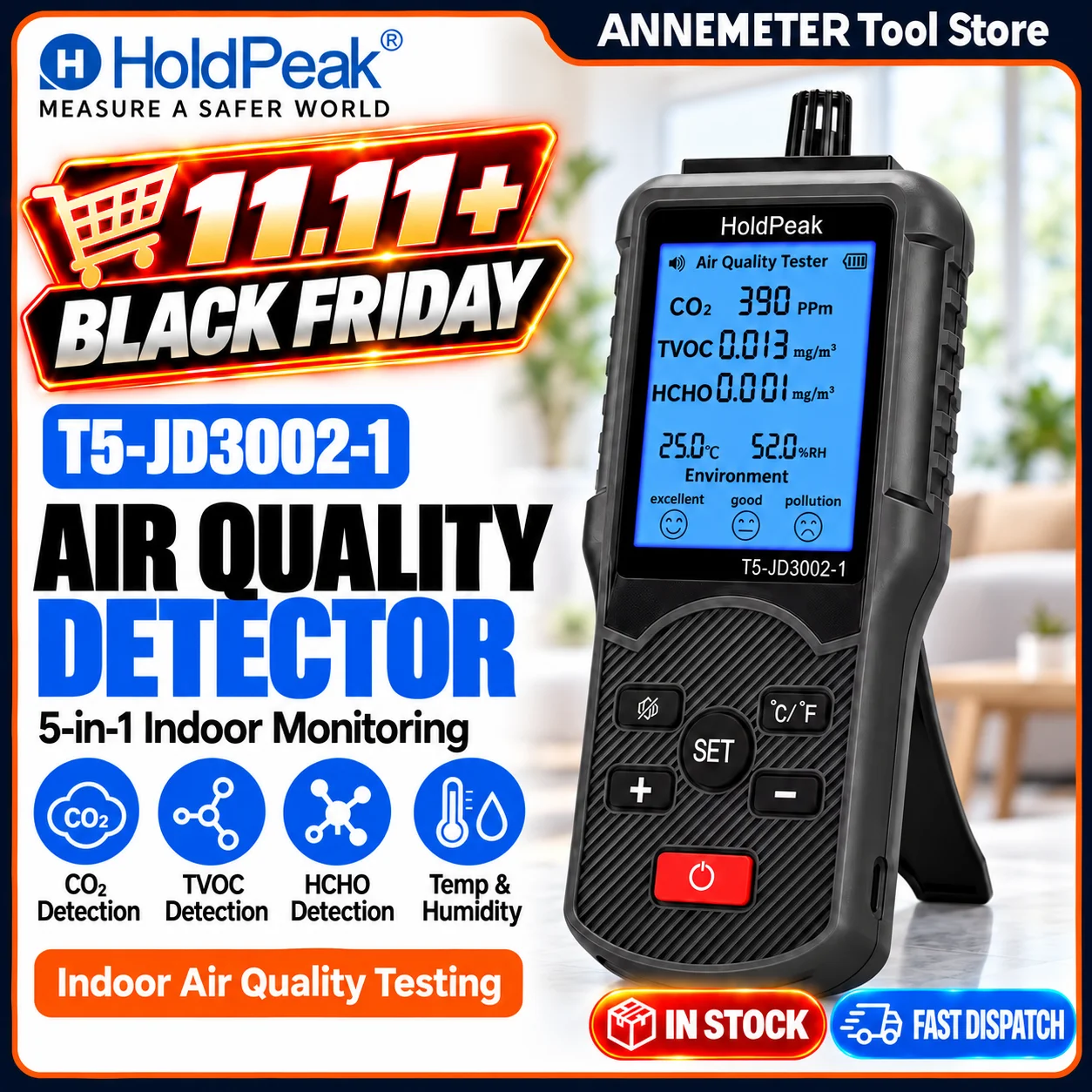 5 in 1 Air Quality Monitor CO2 HCHO TVOC Temperature Humidity Detector with 2.8