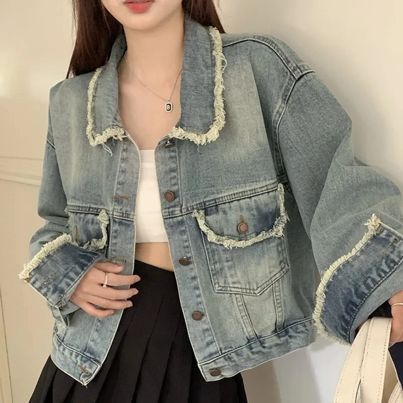 Spring Autumn Wool Edge Denim Jacket Women's Short Outwear Fashion Loose Single-Breasted Casual Fried Street Jeans Coat Tops