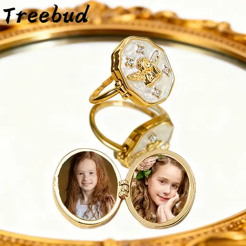 Treebud Custom Ring Vintage Photo Album Box Locket Angel Adjustable Personalized Color Photo Oval Openable Pendant Ring Jewelry