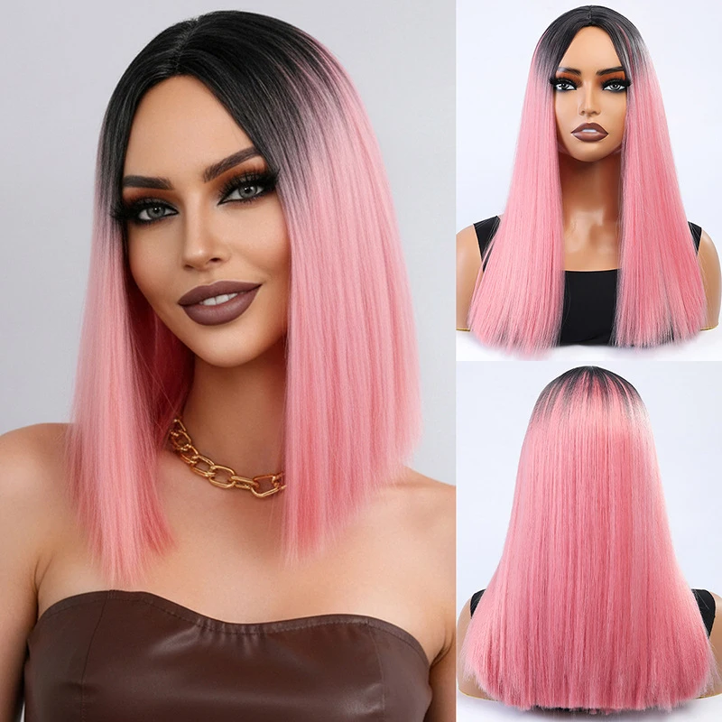 

Black and pink gradient wig women, middle-parted bob style, long straight hair, synthetic fiber, suitable for daily use