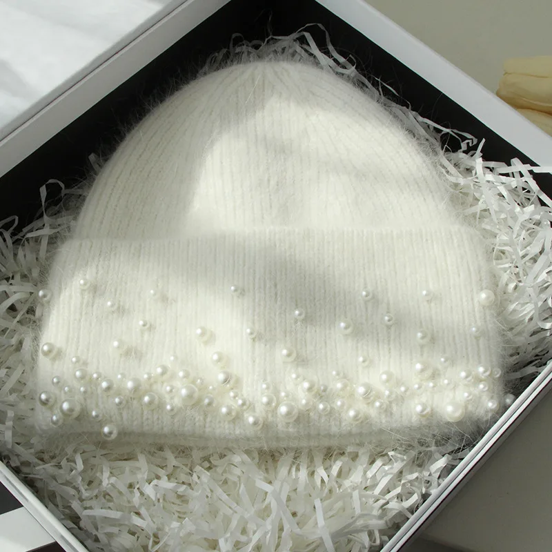 Hat Women Winter Beanie Angora Knit Pearls Warm Accessory For Cold Weather Autumn Sports Skiing Outdoor Holiday