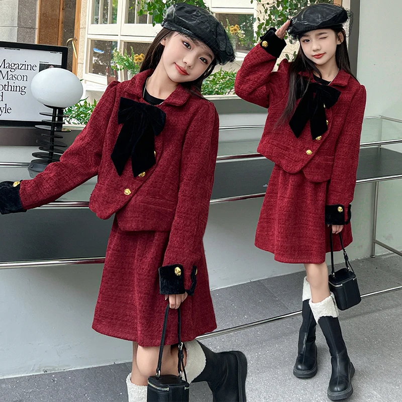 

French design teen girls Christmas Red Skirt Clothes Set chic big bow coat+skirt 2pcs junior kid suit child outfits conjuntos 14