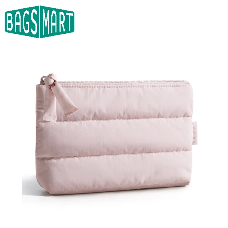 BAGSMART Kleine Make-up-Tasche, bauschig, tragbar, Kosmetiktasche mit Charm-Reißverschluss, wasserabweisender Reise-Organizer für Damen