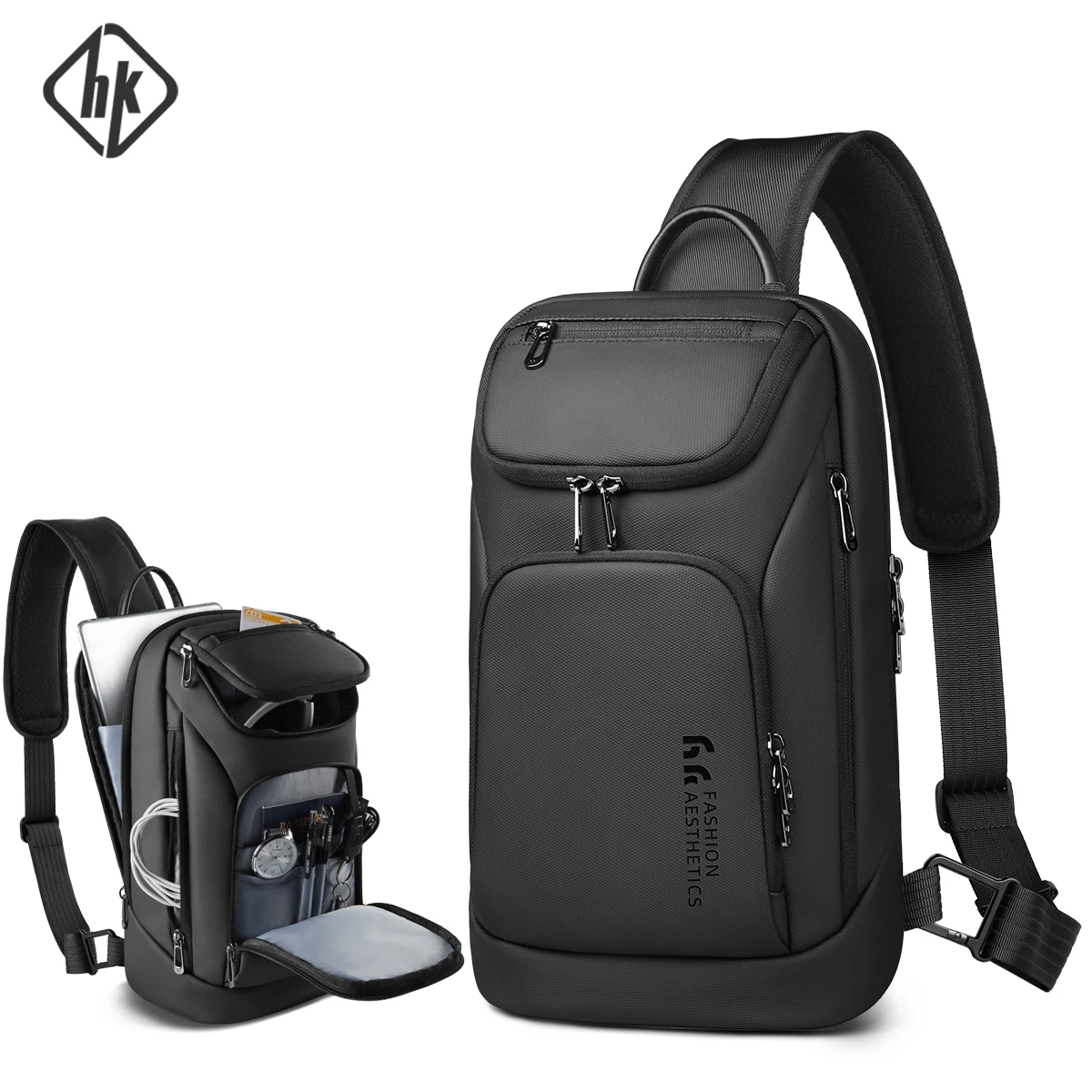 HcanKcan Business Men's Crossbody Bag Trendy Waterproof Chest Bag For 11 inch IPad Multi-Pockets Sport Shoulder Messenger Bags