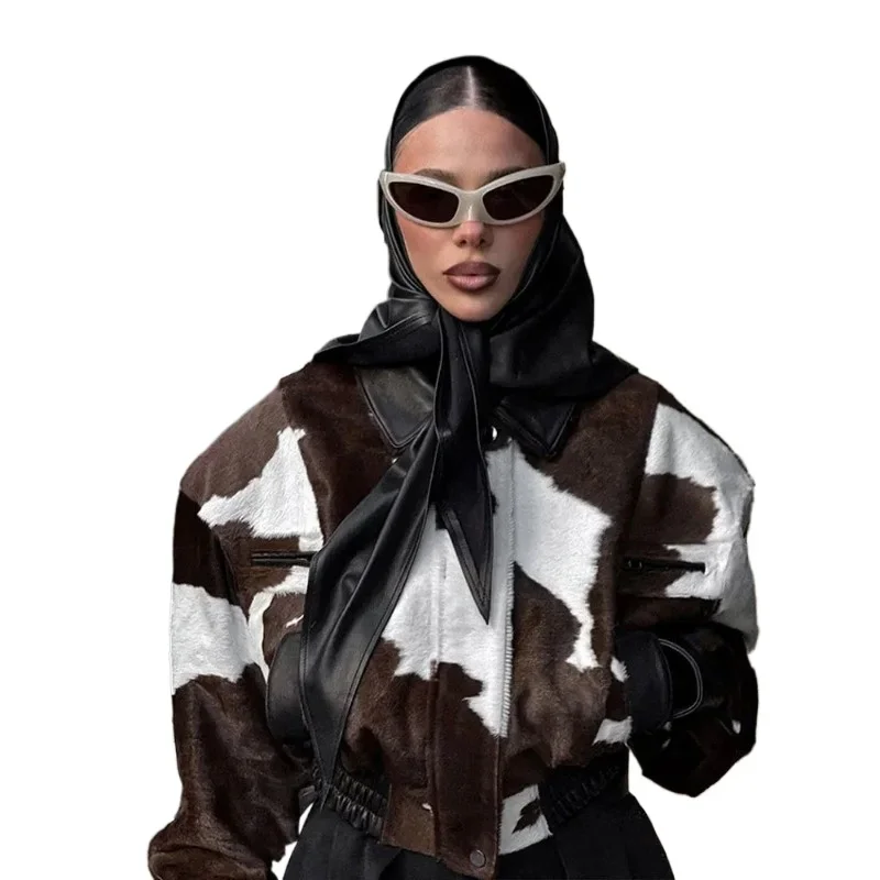 

American Street Style Design, Cow Print Leather Jacket, Niche Hatless, Versatile Short Jacket, Trendy and Fashionable for Women