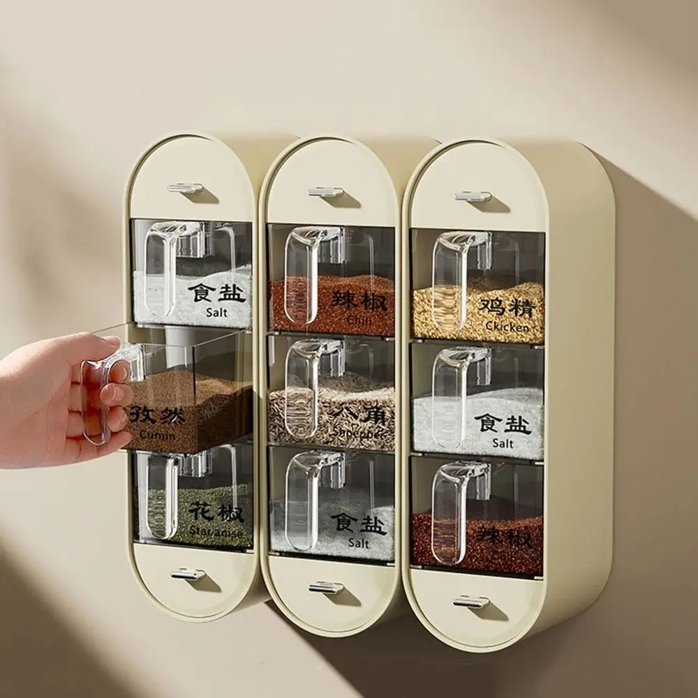 

Пластиковая 5-сеточная коробка для приправ, герметичная влагостойкая настенная коробка для приправ, прозрачная с ложками, контейнер для приправ