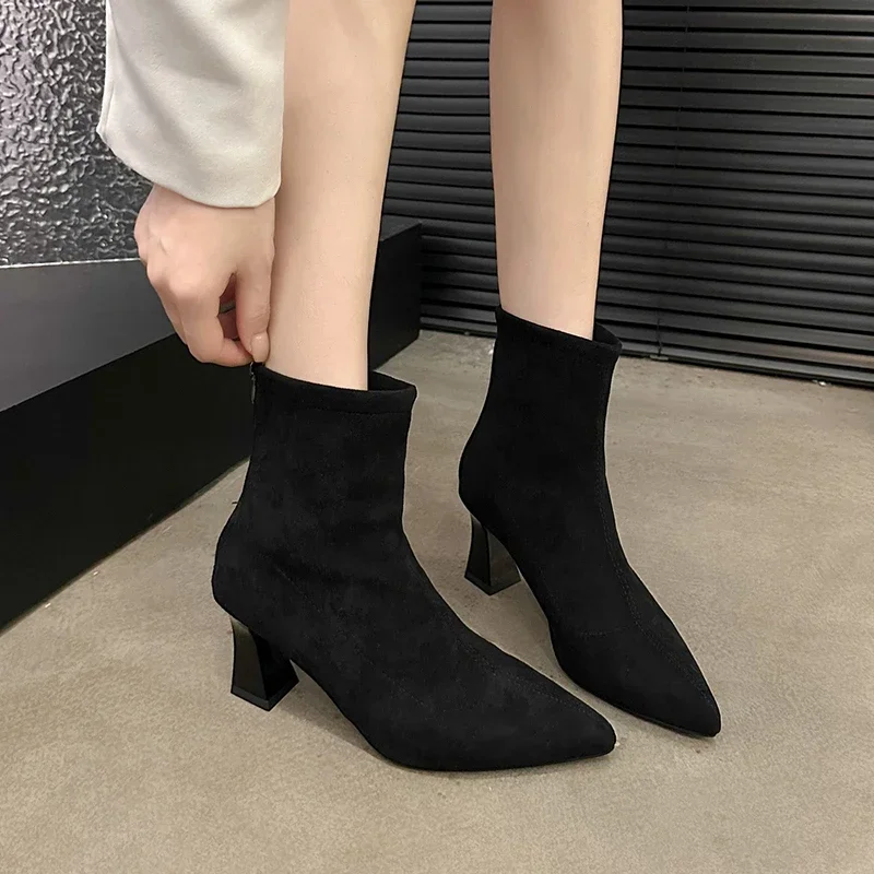 

Shoes Female 2024 Ankle Women's Boots Pointed Toe Modern Boots Women Rhinestones Square Button High Heels Back Zip Shoes Women